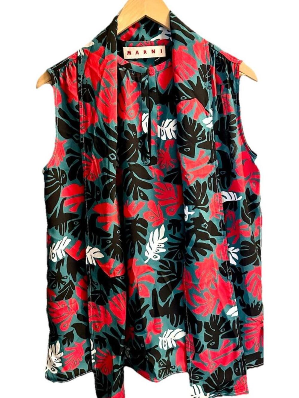 Marni Viscose Leaf Print Blouse IT 44 US 8 Sleeveless Tie Neck Green Red - Picture 2 of 6